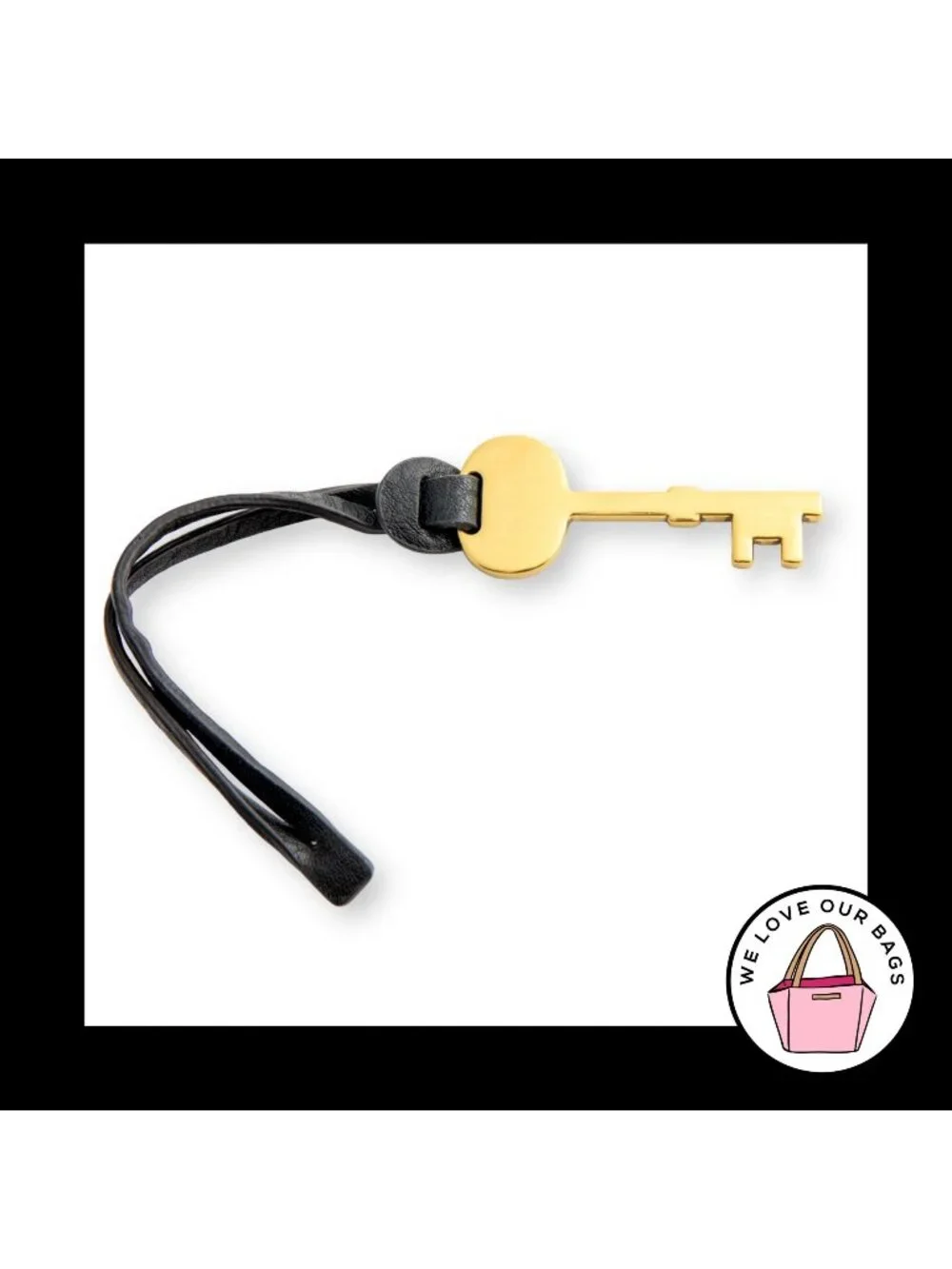 Y2K FOSSIL KEY Gold Brass Metal Black Leather Strap Bag Charm Hang Tag Fob